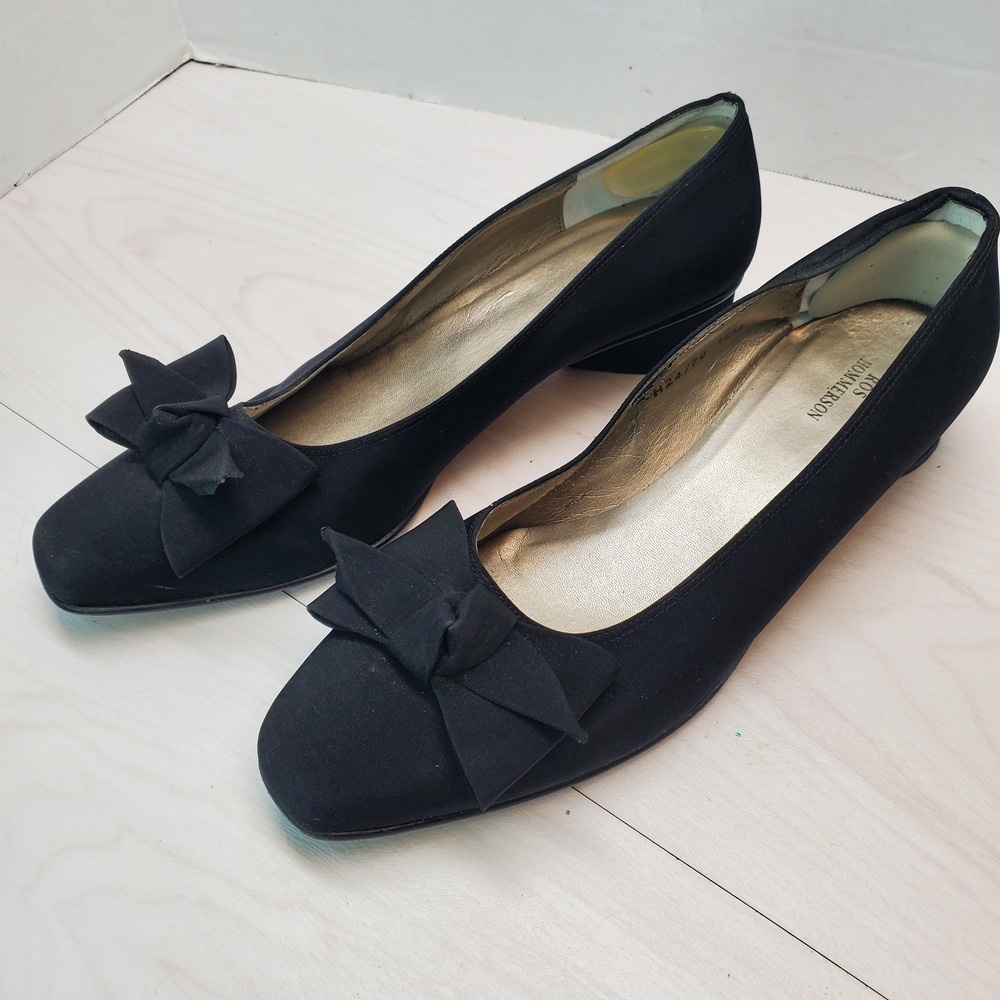 Ros Hommerson Black Fabric Bow Square Toe Block Heel Pumps Womens 12M Coquette